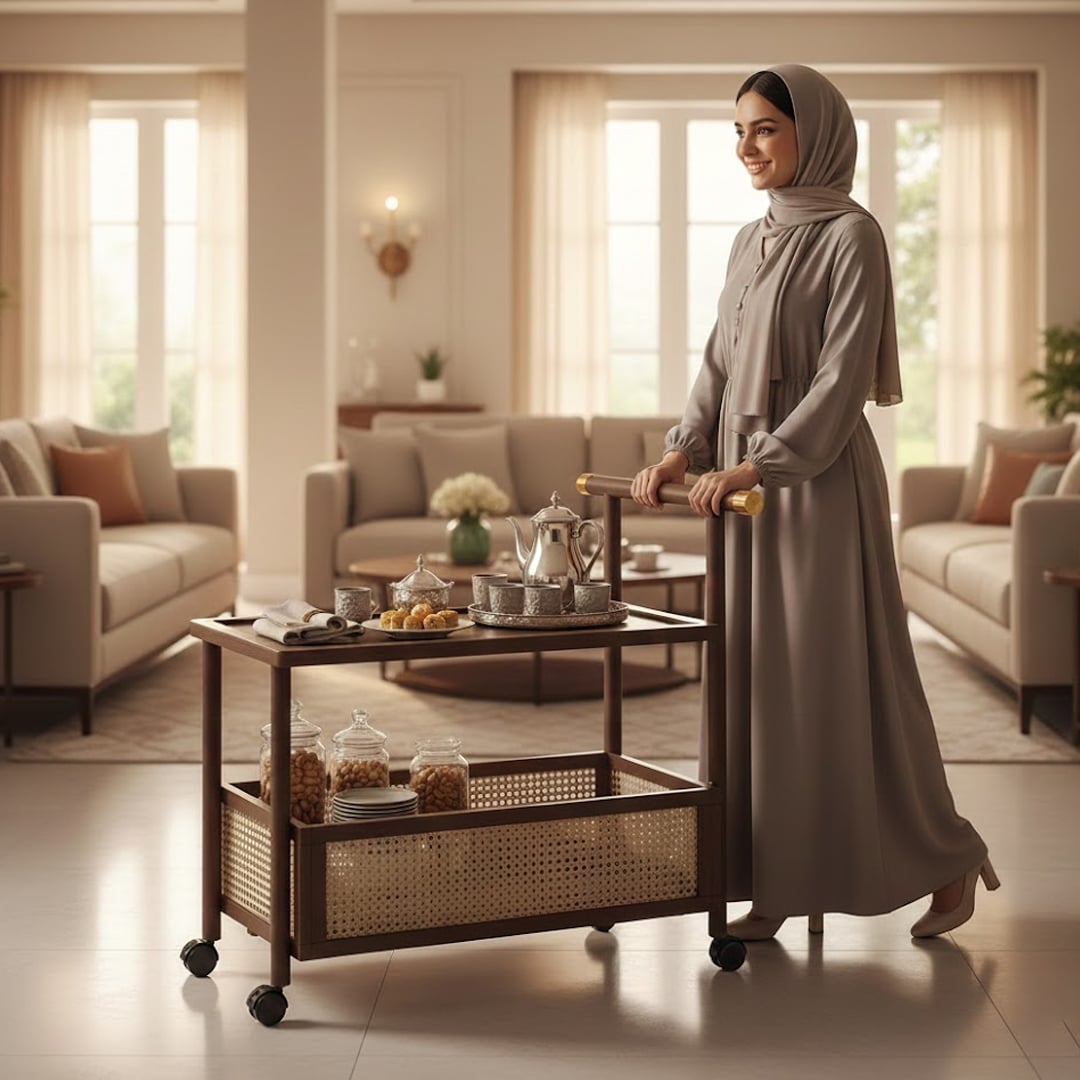 ترولي ضيافة بعجلات مع صندوق تخزين سفلي - 12