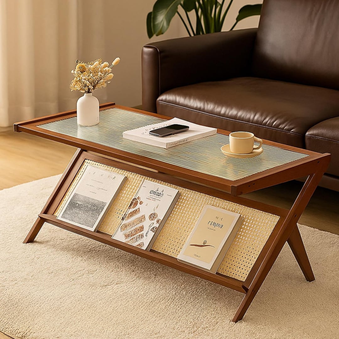 طاولة وسط خشبية مع رف تنظيم للكتب - 11