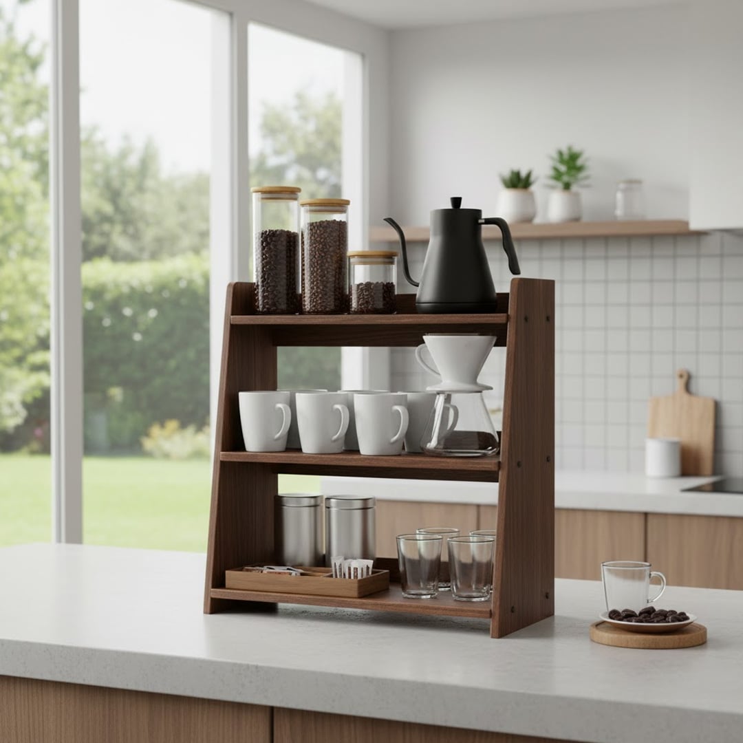 ركن تنظيم أكواب القهوة والضيافة الخشبي - 15