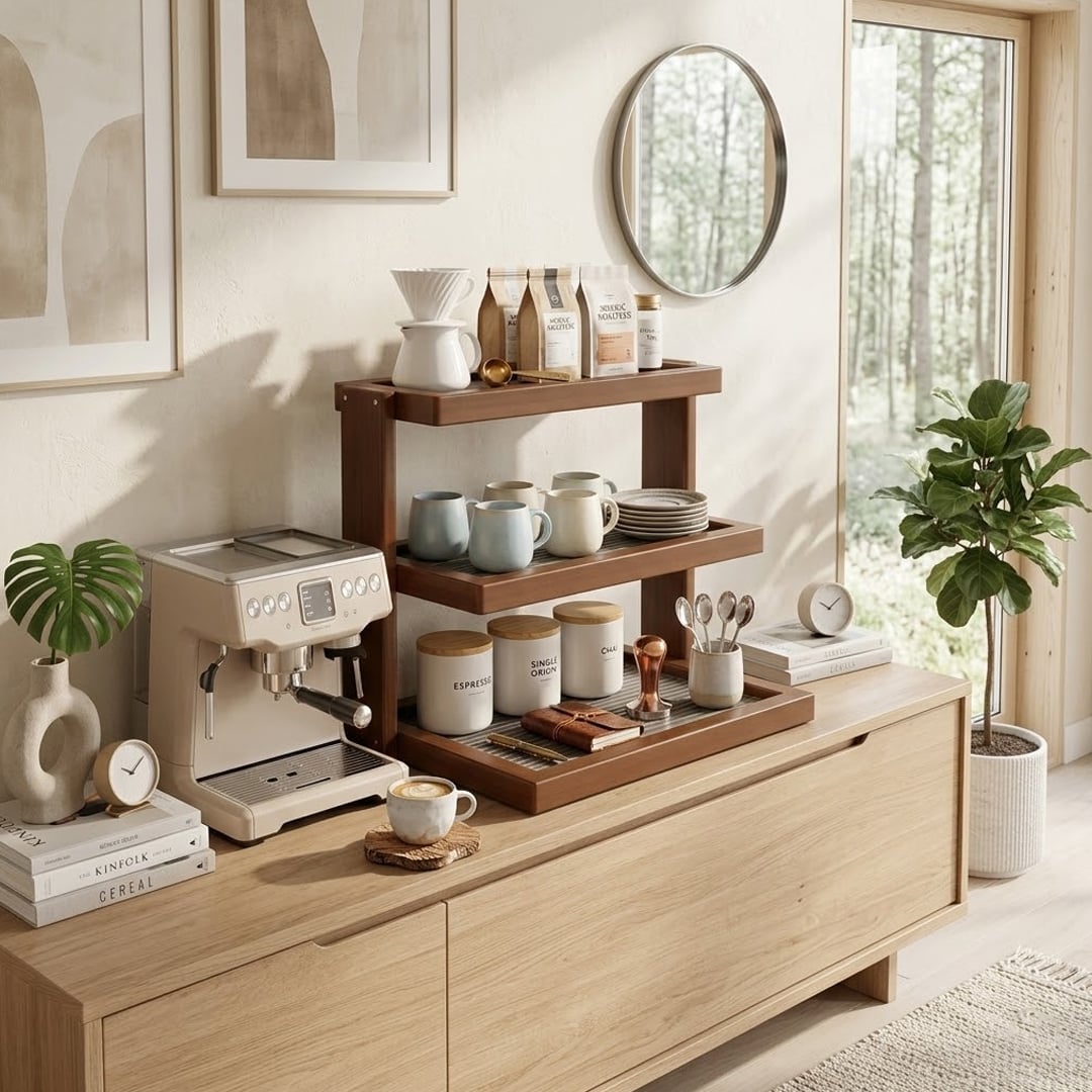 ركن تنظيم أكواب القهوة والضيافة الخشبي - 11
