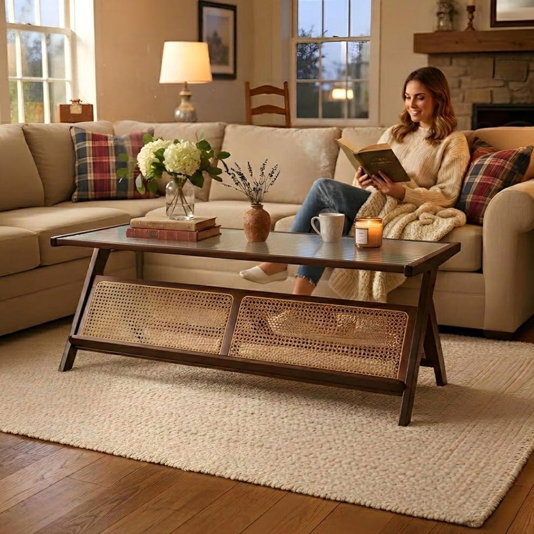 طاولة وسط خشبية مع رف تنظيم للكتب - 7