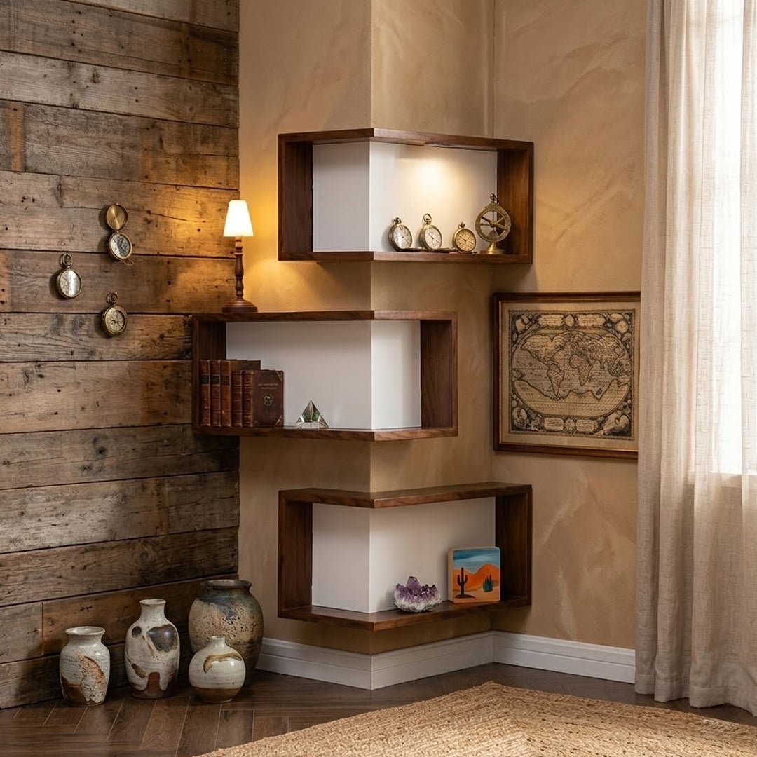 رفوف زاوية للديكور بتصميم خشبي - 1