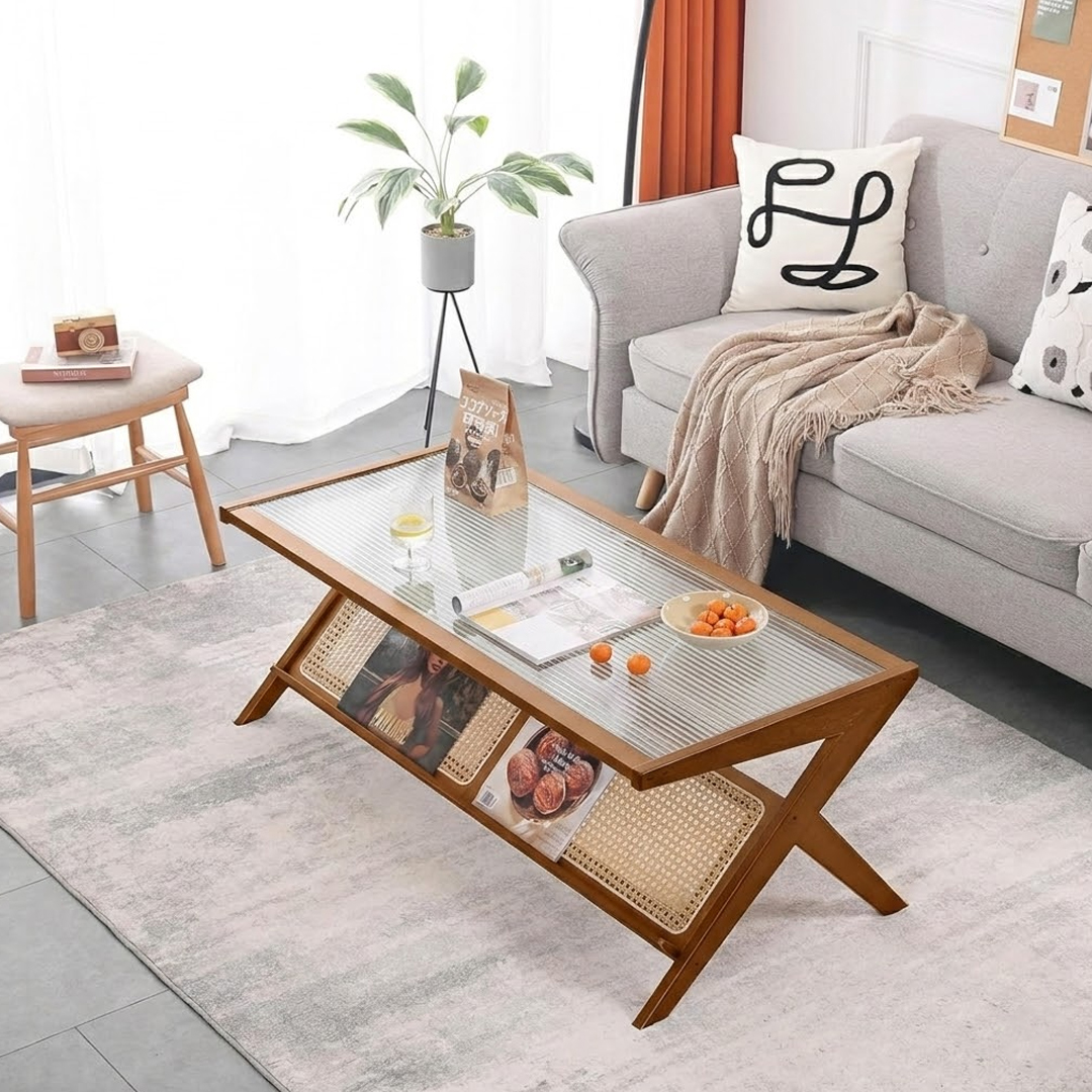 طاولة وسط خشبية مع رف تنظيم للكتب - 9