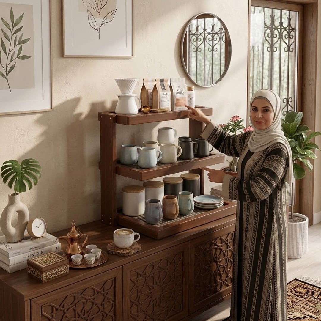 ركن تنظيم أكواب القهوة والضيافة الخشبي - 12