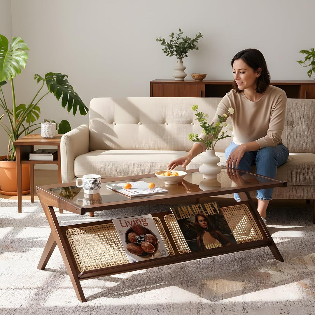 طاولة وسط خشبية مع رف تنظيم للكتب - 8