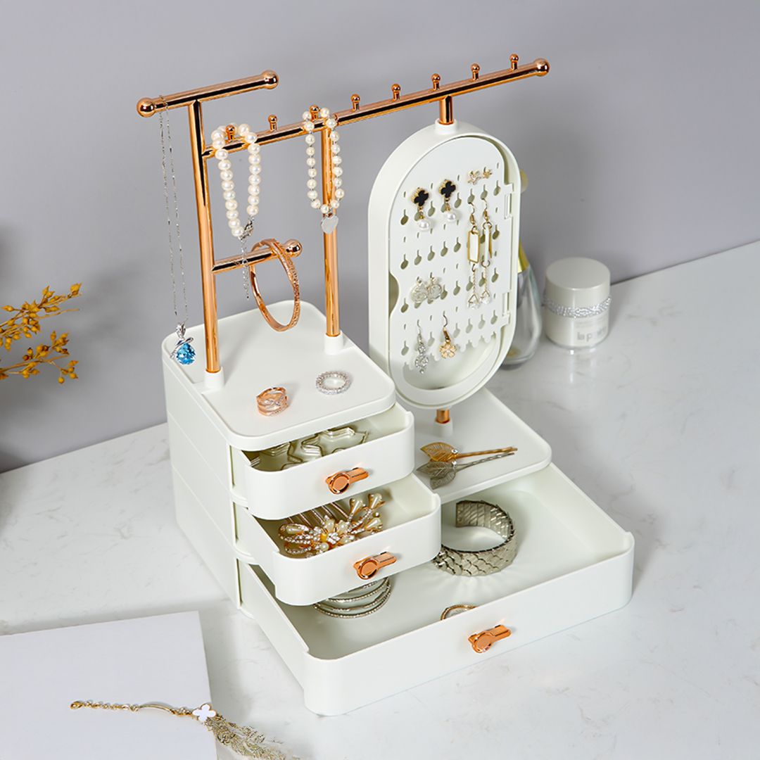 صندوق تخزين إكسسوارات ومكياج مع مرآة دوّارة - 12