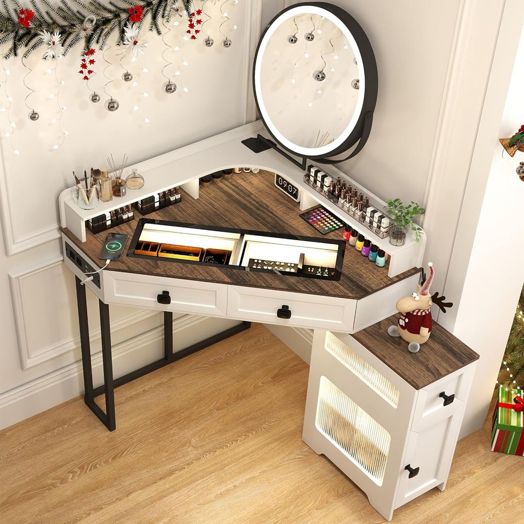 طاولة مكياج بمرآة LED دائرية - 1
