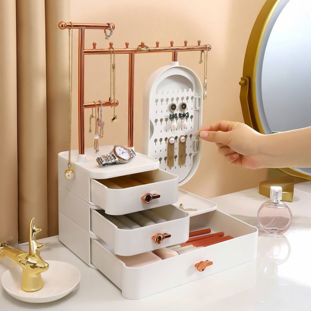 صندوق تخزين إكسسوارات ومكياج مع مرآة دوّارة - 10