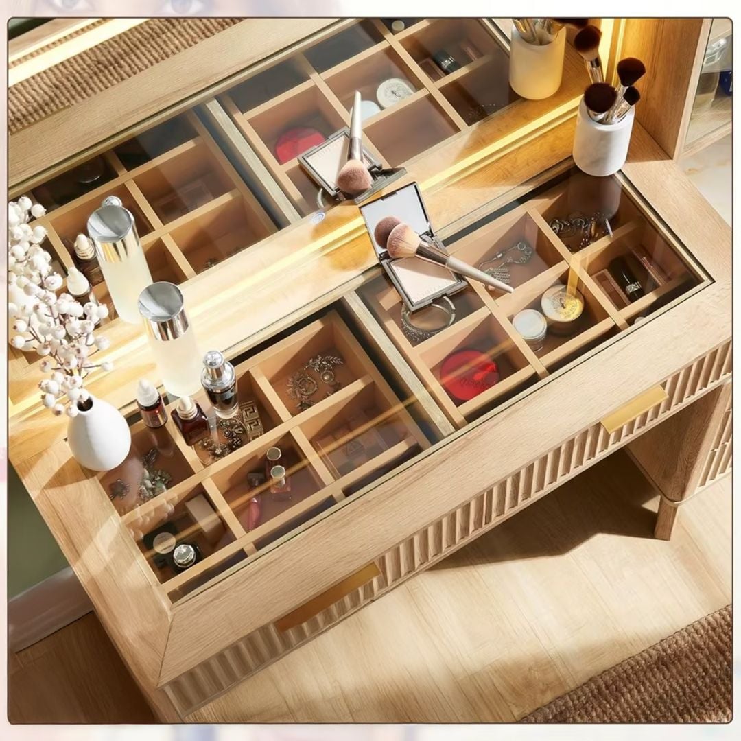 تسريحة خشبية مع مرآة مضيئة وخزانة جانبية - 9