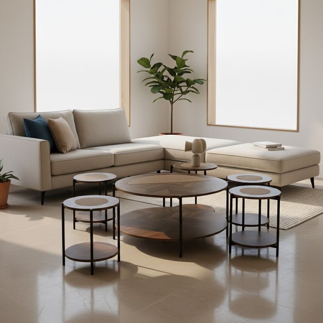 طقم طاولات خشبي مزدوج بلمسات بامبو 5 قطع - 9