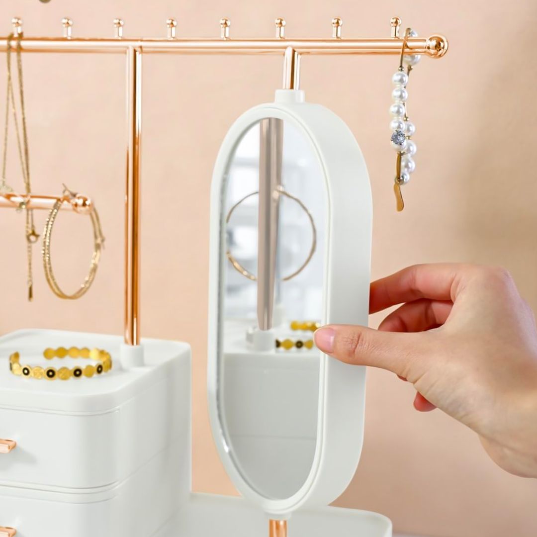 صندوق تخزين إكسسوارات ومكياج مع مرآة دوّارة - 8