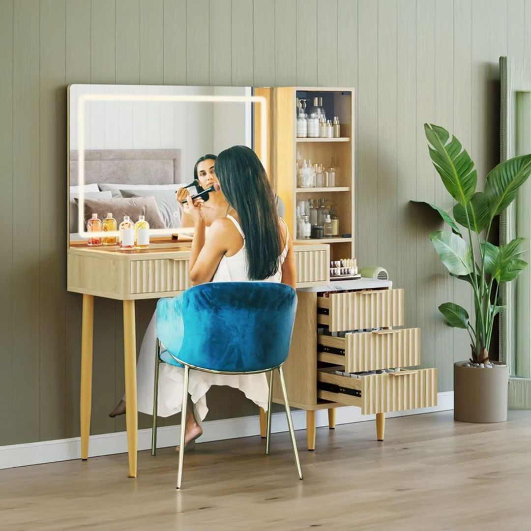 تسريحة خشبية مع مرآة مضيئة وخزانة جانبية - 4