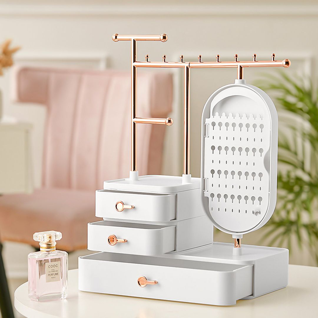 صندوق تخزين إكسسوارات ومكياج مع مرآة دوّارة - 18