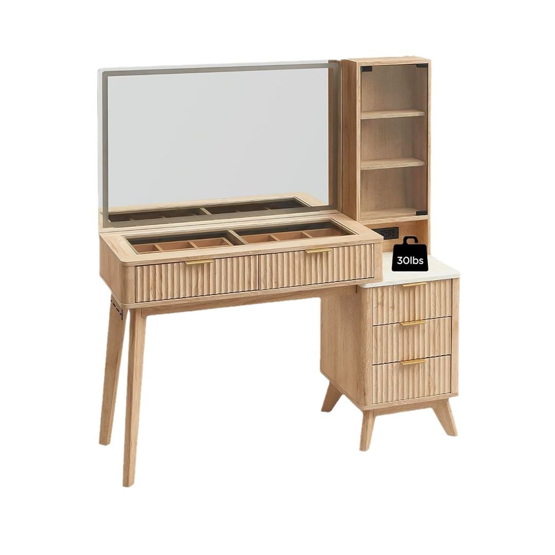تسريحة خشبية مع مرآة مضيئة وخزانة جانبية - 10