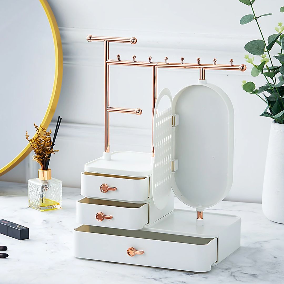 صندوق تخزين إكسسوارات ومكياج مع مرآة دوّارة - 15