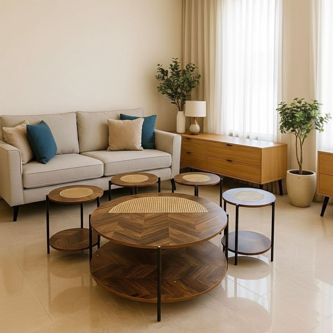 طقم طاولات خشبي مزدوج بلمسات بامبو 5 قطع - 1