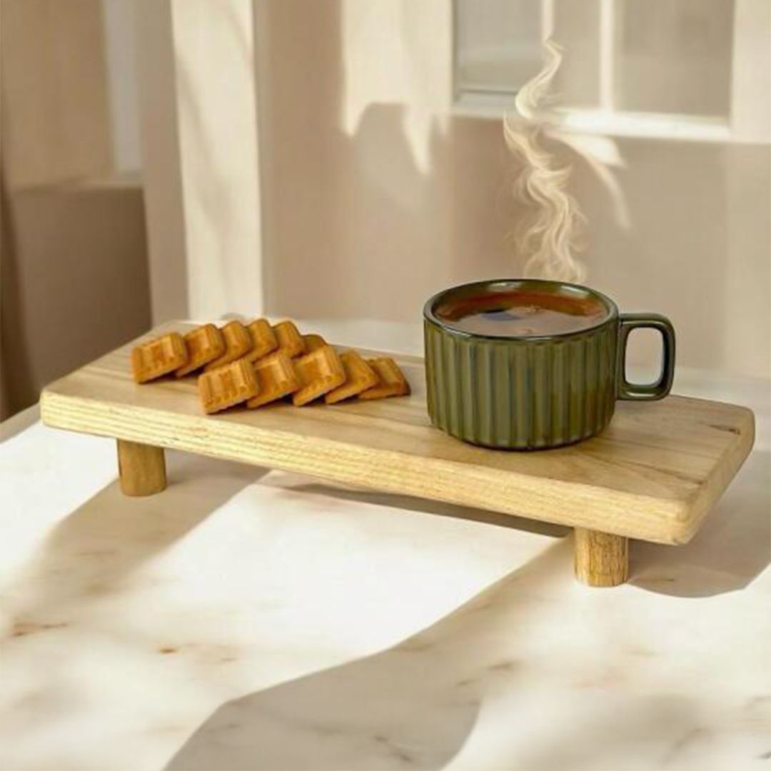 Large rectangular wooden serving plate with base