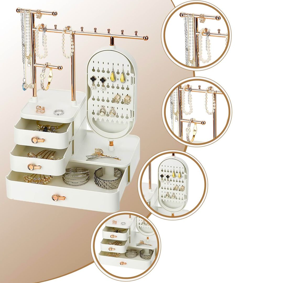 صندوق تخزين إكسسوارات ومكياج مع مرآة دوّارة - 14