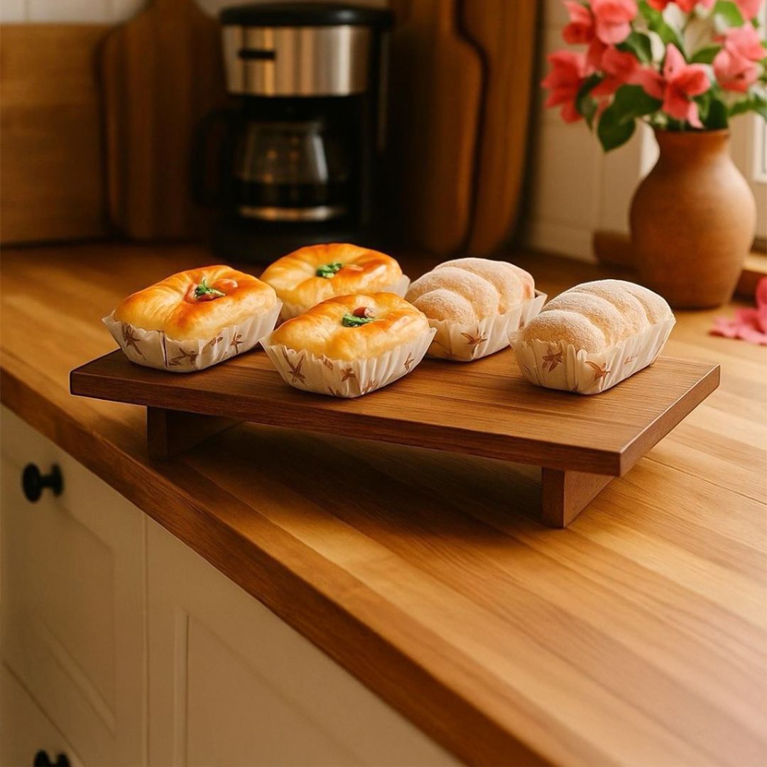 Small rectangular wooden serving plate with base
