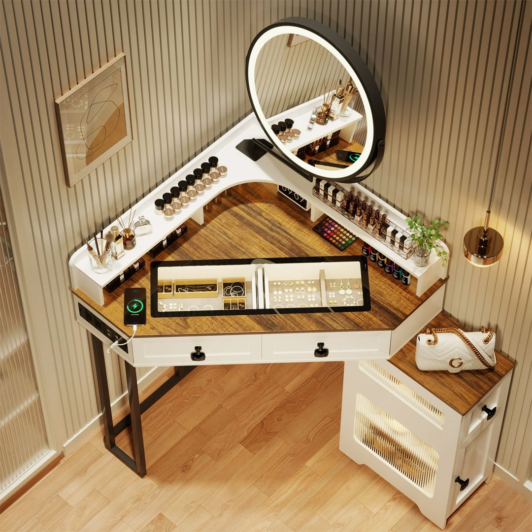 طاولة مكياج بمرآة LED دائرية - 4