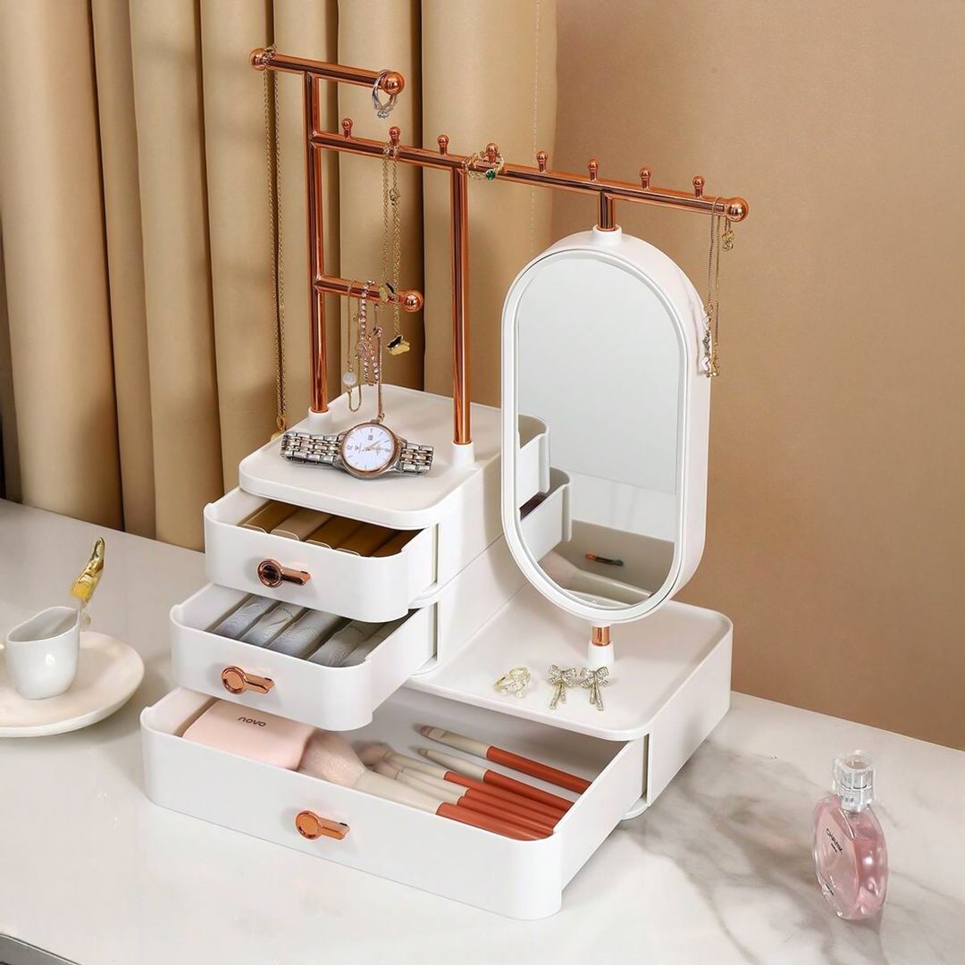صندوق تخزين إكسسوارات ومكياج مع مرآة دوّارة - 1