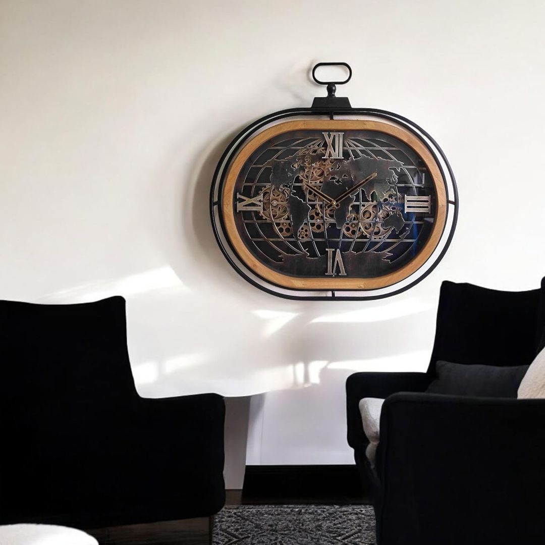 ساعة حائط تروس معدنية بتصميم خريطة العالم - 9