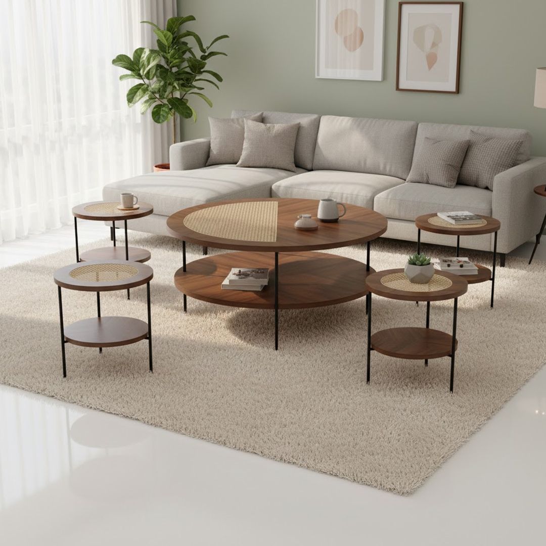 طقم طاولات خشبي مزدوج بلمسات بامبو 5 قطع - 10