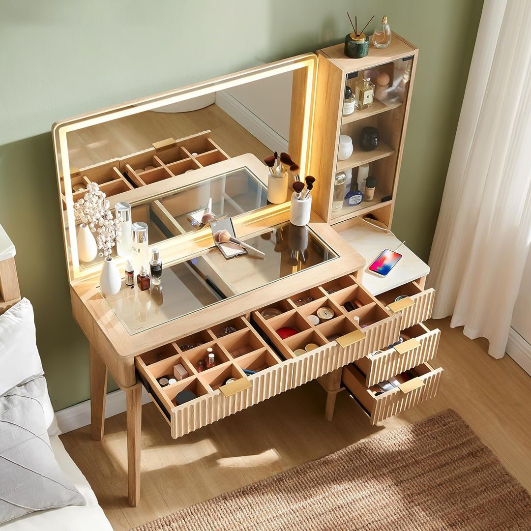 تسريحة خشبية مع مرآة مضيئة وخزانة جانبية - 1