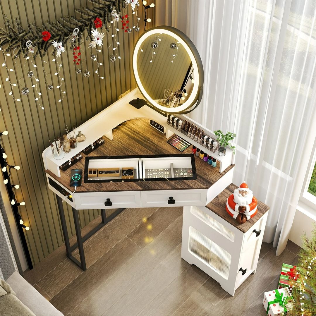 طاولة مكياج بمرآة LED دائرية - 15