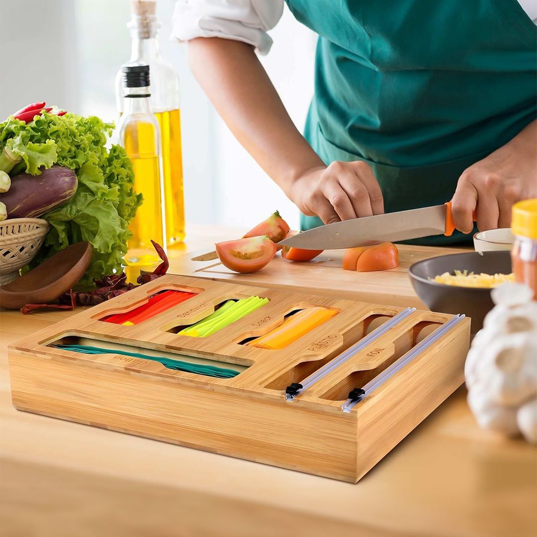 منظم أكياس وموزع تغليف خشبي - 4