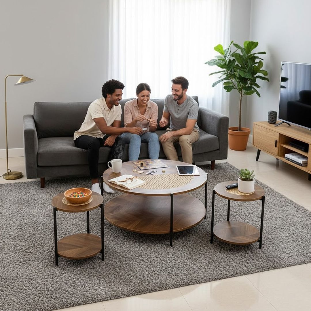 طقم طاولات خشبي مزدوج بلمسات بامبو 5 قطع - 6