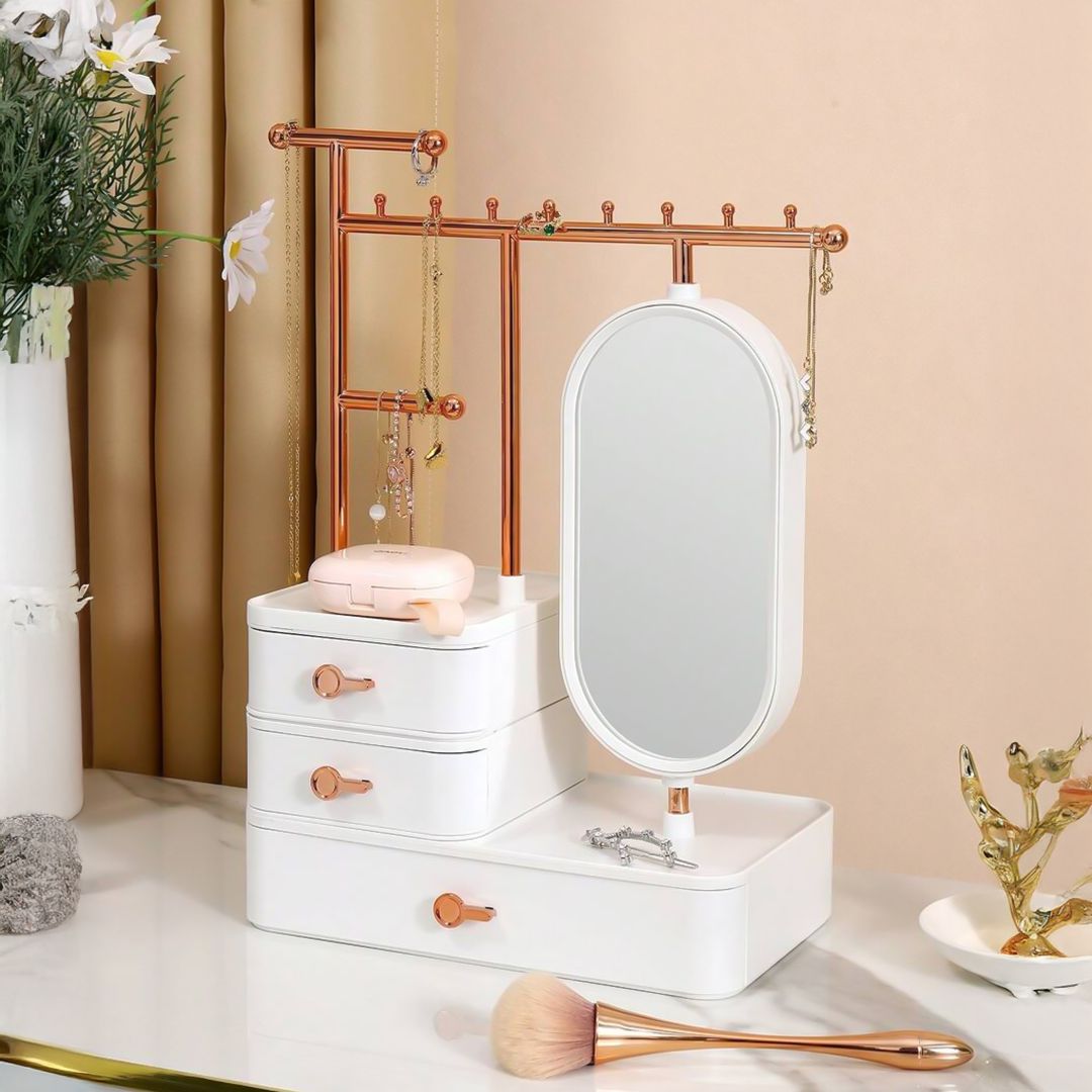 صندوق تخزين إكسسوارات ومكياج مع مرآة دوّارة - 17