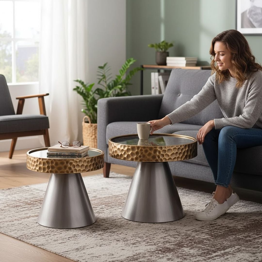 طقم طاولات بتصميم ساعة تروس و قاعدة مخروطية - 12