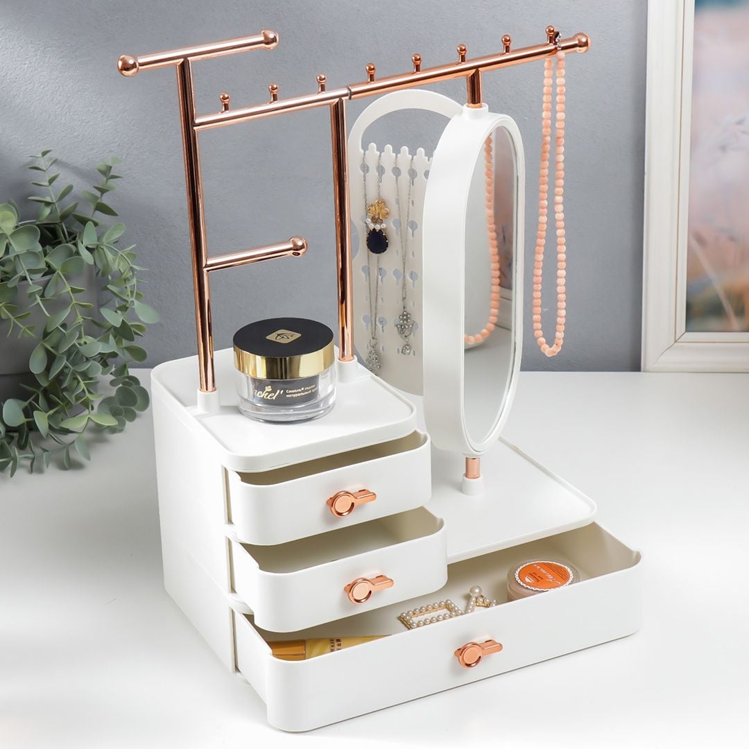 صندوق تخزين إكسسوارات ومكياج مع مرآة دوّارة - 6