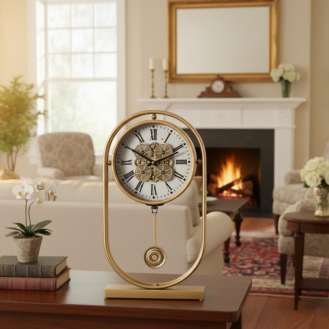 ساعة ديكورية بتصميم تروس و بندول ذهبي فاخر - 12