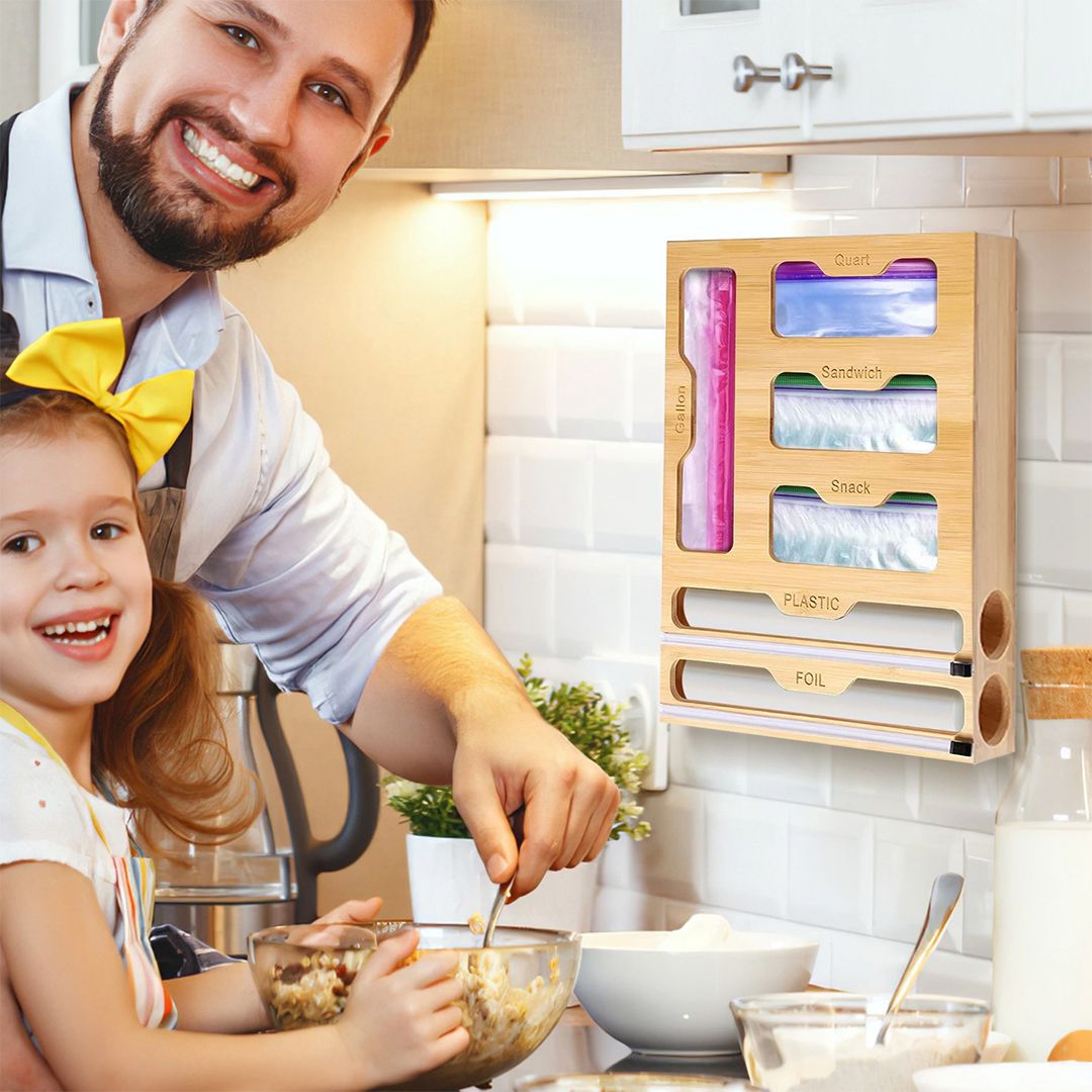 منظم أكياس وموزع تغليف خشبي - 1