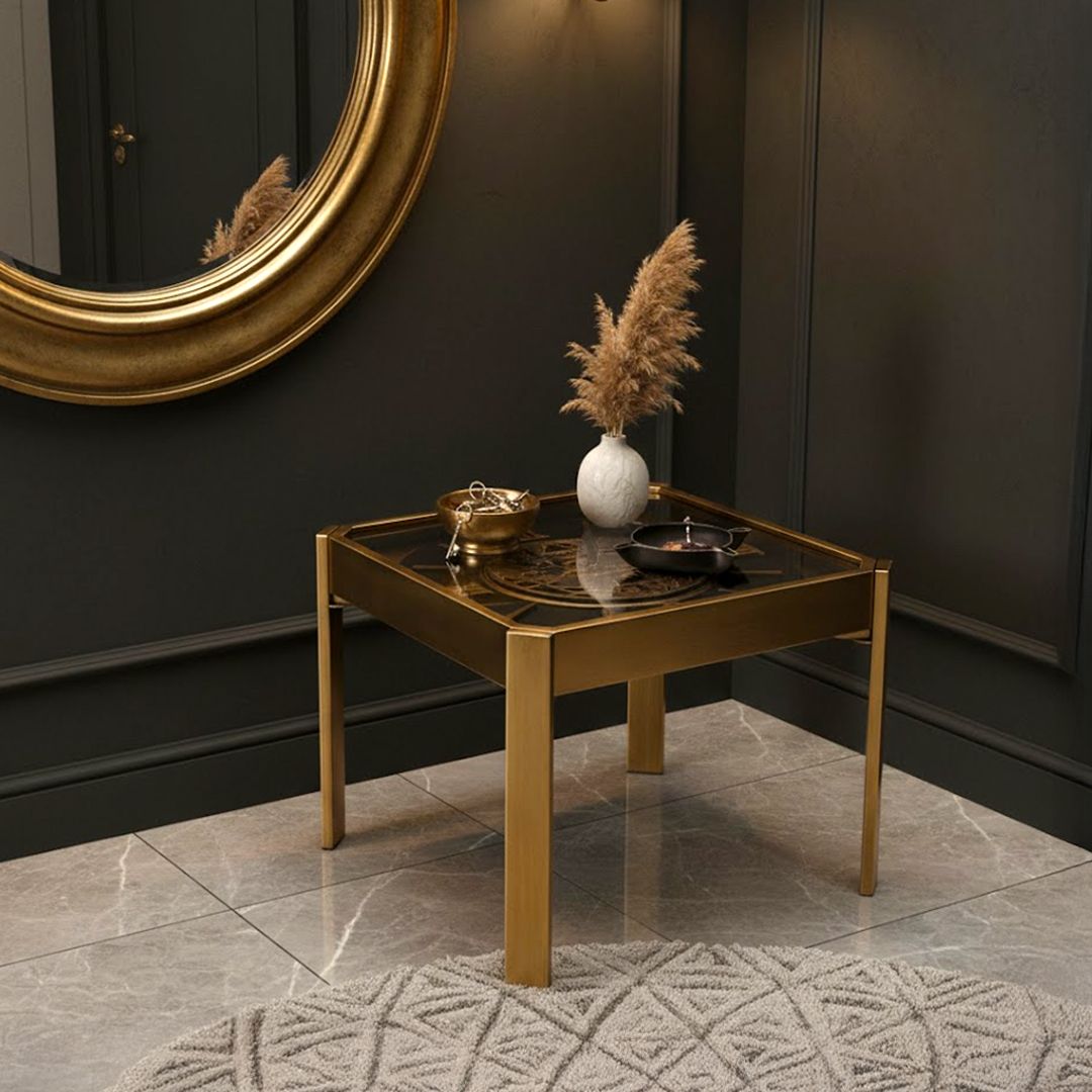 طاولة ديكور مربعة بتصميم ساعة تروس ذهبية - 3