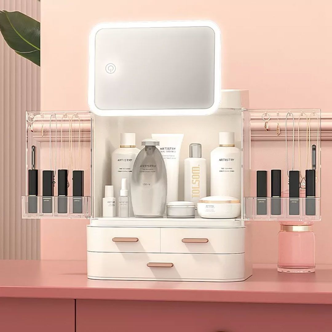 Makeup organizer with lighted mirror product thumbnail 4
