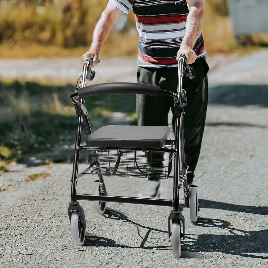 Rolling medical walker with seat and storage basket product thumbnail 2