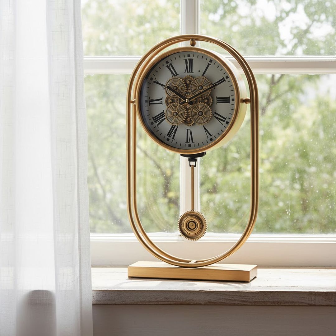 ساعة ديكورية بتصميم تروس و بندول ذهبي فاخر - 8