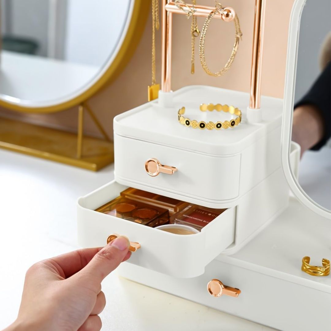 صندوق تخزين إكسسوارات ومكياج مع مرآة دوّارة - 7