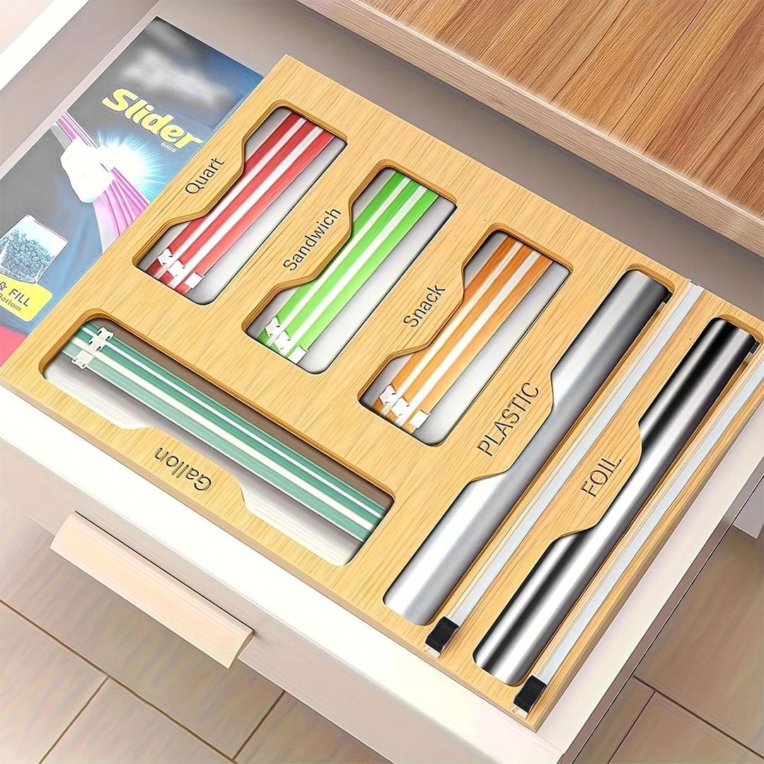 منظم أكياس وموزع تغليف خشبي - 3