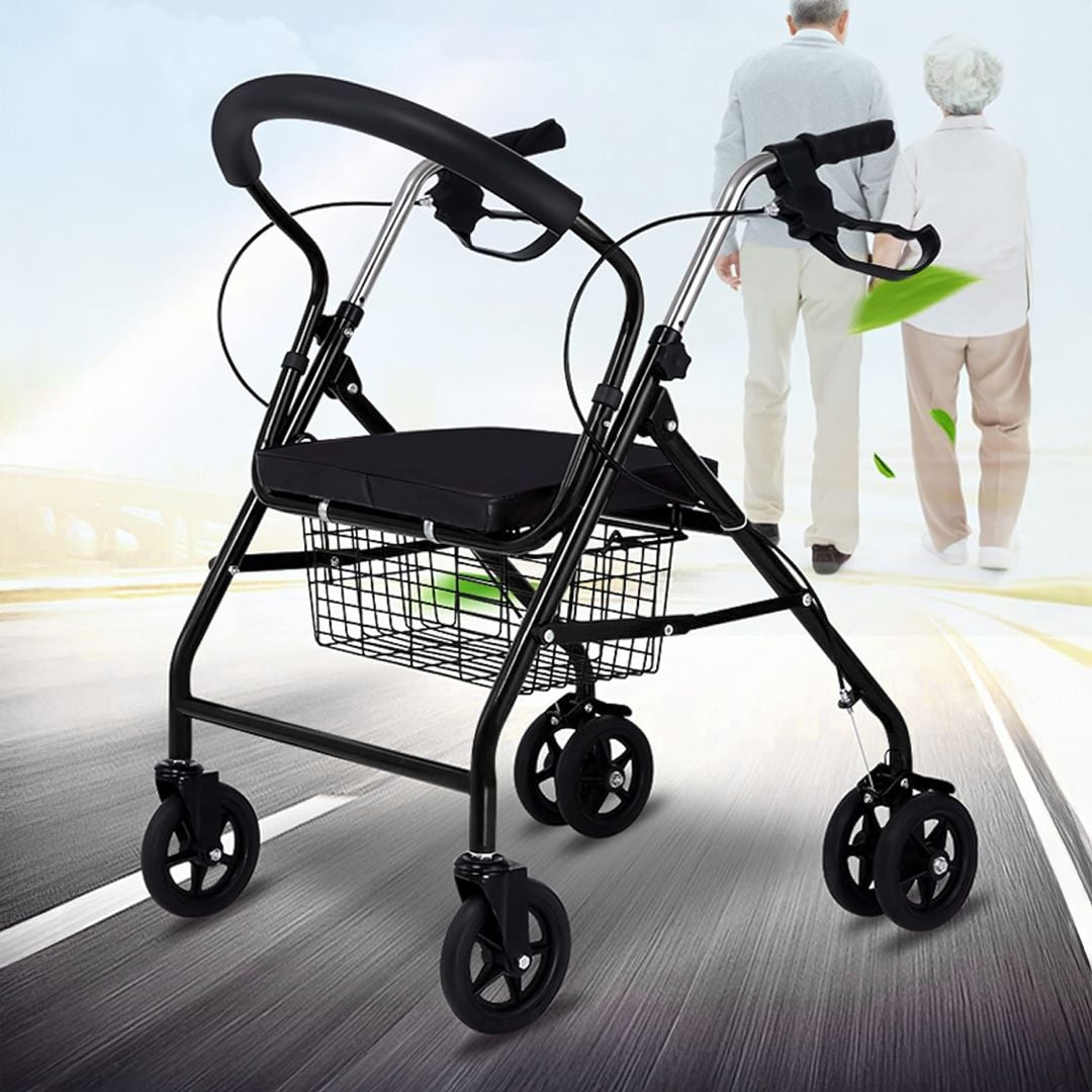 Rolling medical walker with seat and storage basket