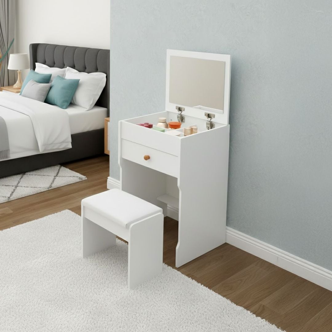 طاولة تسريح مع مرآة ومقعد مبطن - 7