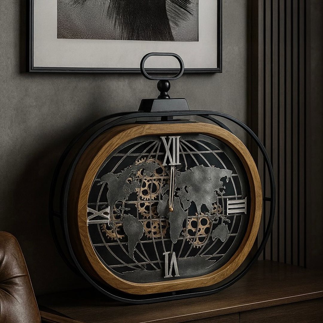 ساعة حائط تروس معدنية بتصميم خريطة العالم - 11