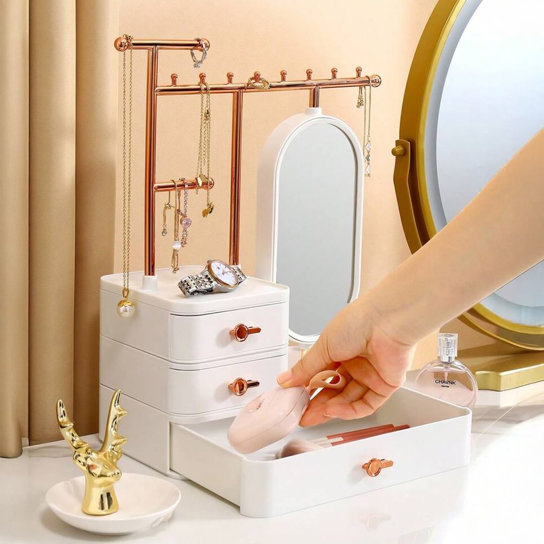 صندوق تخزين إكسسوارات ومكياج مع مرآة دوّارة - 11