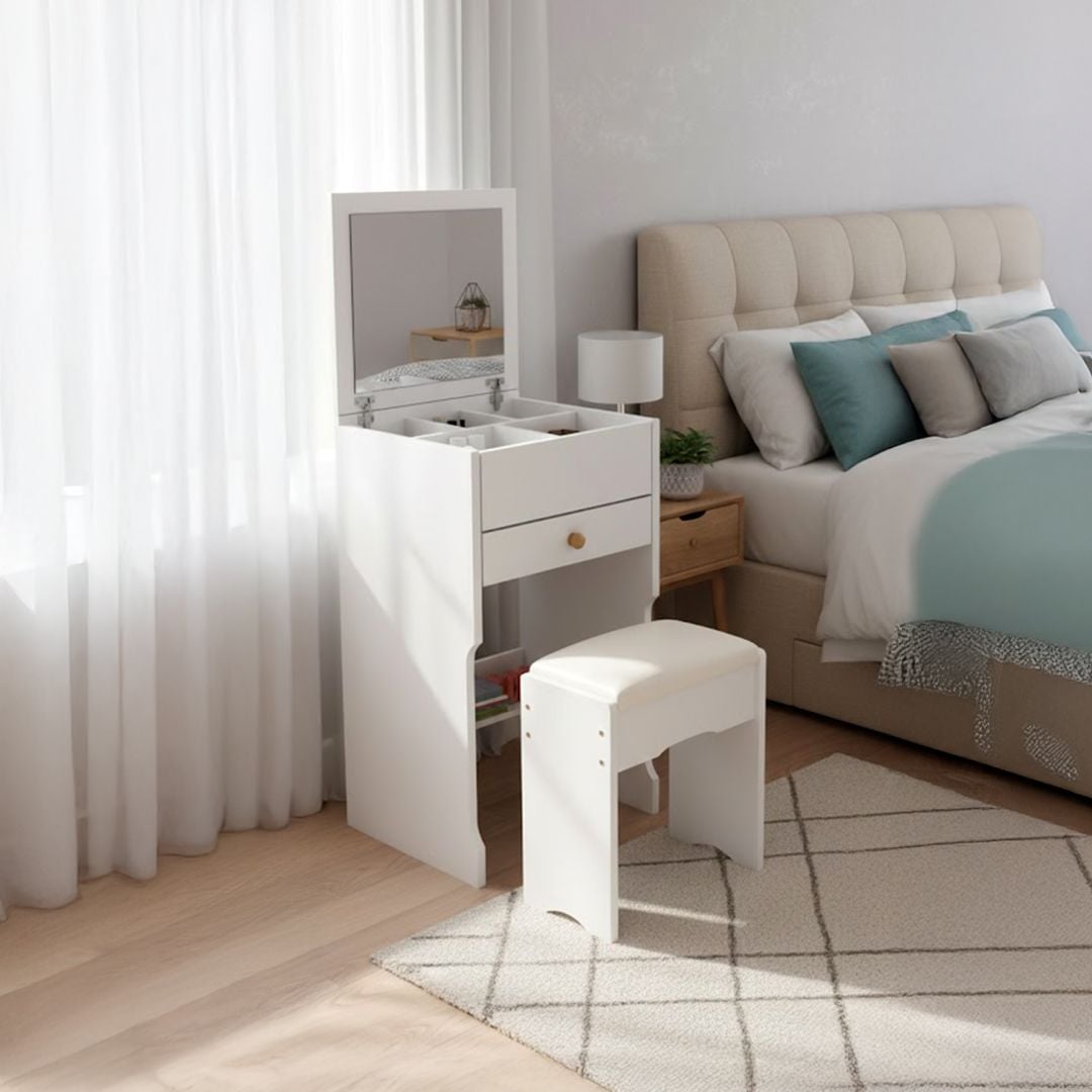 طاولة تسريح مع مرآة ومقعد مبطن - 6