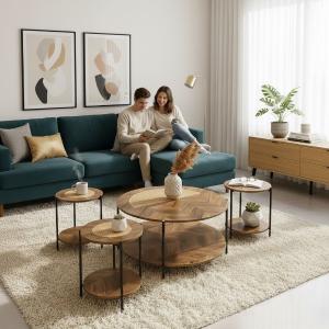 طقم طاولات خشبي مزدوج بلمسات بامبو 5 قطع - 3