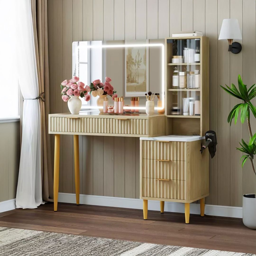 تسريحة خشبية مع مرآة مضيئة وخزانة جانبية - 12